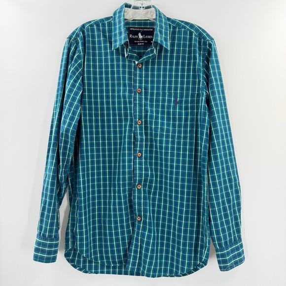 Polo Ralph Lauren Other - Polo Ralph Lauren Mens Green Blue Plaid Slim Fit Button Down Shirt Size M